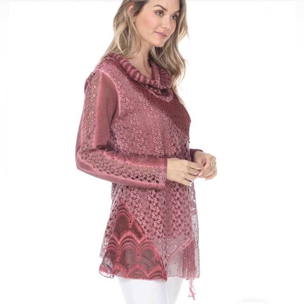 SIMPLY‎ COUTURE Women's Lace Blouse Long Sleeve Cowl Neck Chiffon Layers Shirt. - Picture 3 of 14